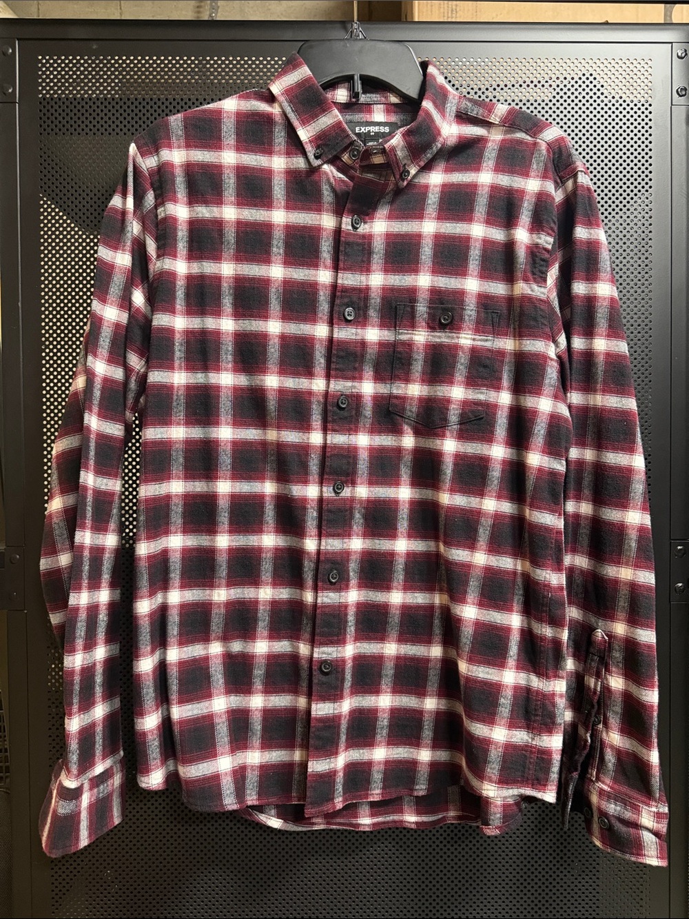 Express Men’s Red and Black Plaid Button-Down Shirt